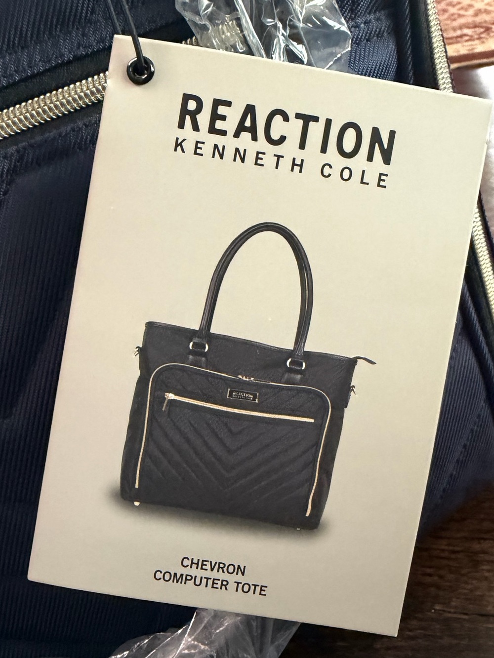 NWT Reaction Kenneth Cole Chelsea Navy Quilted Tote with Gold Trim - Picture 6 of 16